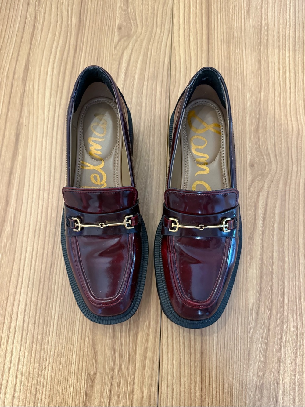 Sam Edelman Women's Burgundy Patent Loafers with Gold Bit